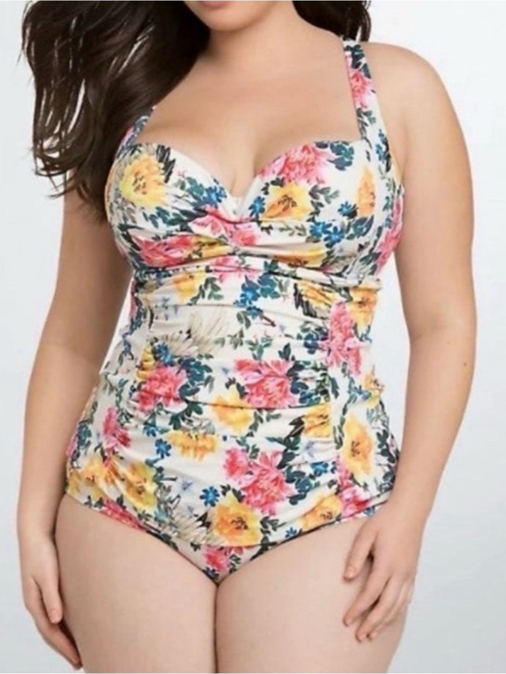 torrid Cream Floral Ruched One-Piece Swimsuit with Pink & Yellow Blooms